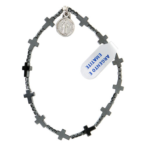 Single decade rosary bracelet, 925 silver and hematite, St Benedict medal 1