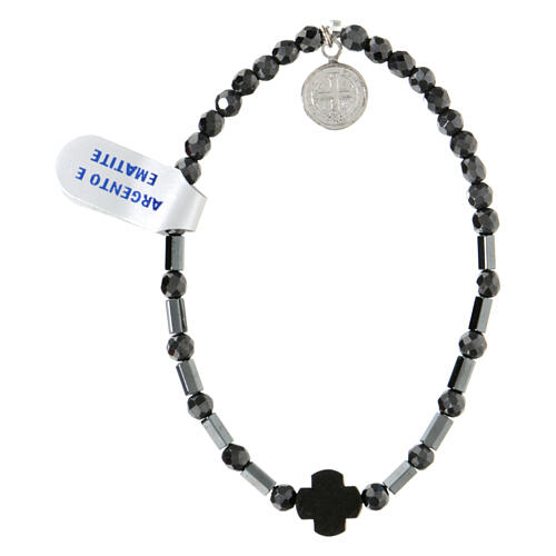 Elastisches Zehnerarmband mit Heiliger Benedikt Medaille aus Hämatit 2
