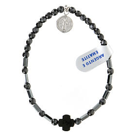 Elastic single decade rosary bracelet with St Benedict medal and hematite