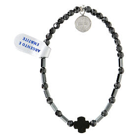 Elastic single decade rosary bracelet with St Benedict medal and hematite