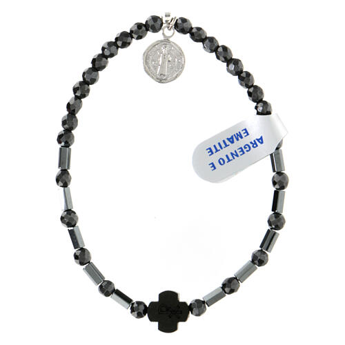 Elastic single decade rosary bracelet with St Benedict medal and hematite 1