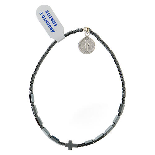 Elastic single decade rosary bracelet of hematite with St Benedict medal 1