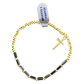 Bracelet dizainier hématite dorée et croix pendentif