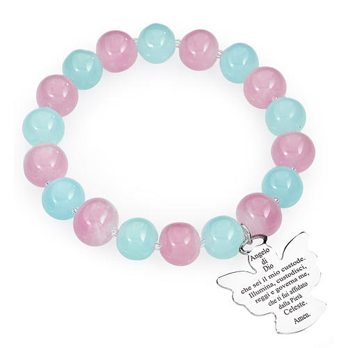 Amen bracelet in light blue, pink Murano beads 10mm, sterling si 1