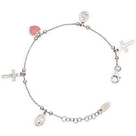 Amen bracelet with charms, Jesus, Our Lady, Pink heart, sterling