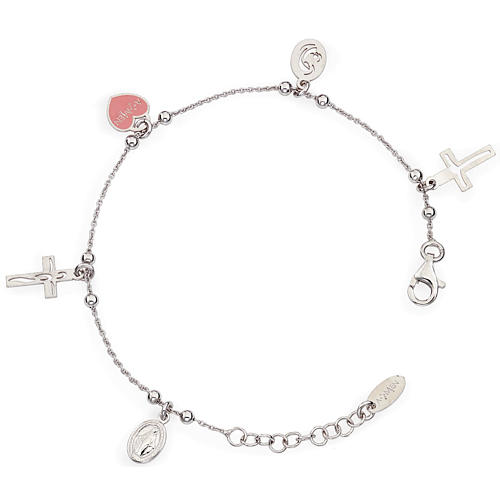 Amen bracelet with charms, Jesus, Our Lady, Pink heart, sterling 1