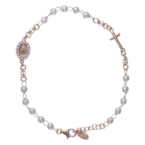 Bransoletka różaniec AMEN, Cudowna Madonna, Pave', perły i srebro 925 wyk. rose' 1