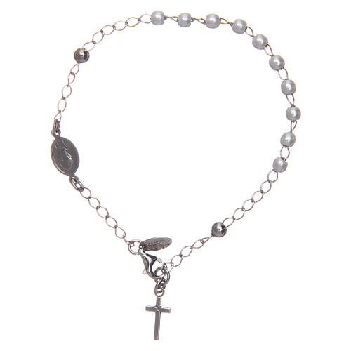 Pulsera rosario AMEN cruz charm perlas plata 925 acabado Rodio 2