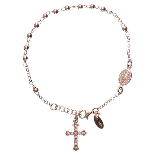 Bransoletka różaniec AMEN srebro 925 , krzyż charm pave, Rose 1