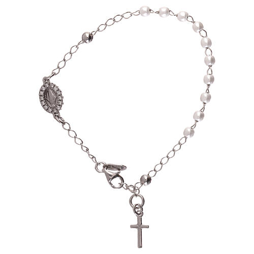 Pulsera rosario AMEN cruz charm perlas milagrosa plata Rodio 1
