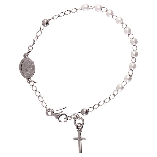 Pulsera rosario AMEN cruz charm perlas milagrosa plata Rodio 2
