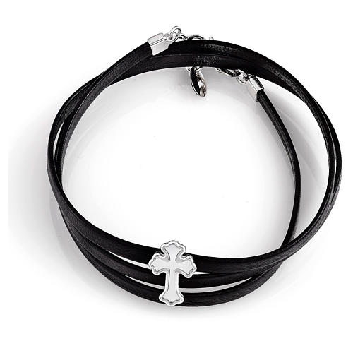 Bracciale AMEN in pelle Croce argento 925 madreperla bianca fin. Nero 1