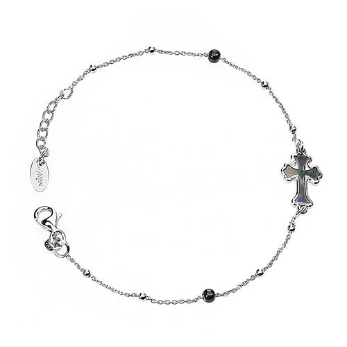 Bracelet AMEN Cross silver 925 mother-of-pearl gray, Rhodium finish ...