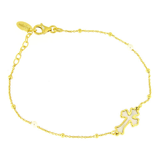 Bracciale AMEN Croce argento 925 madreperla bianca fin. Oro 1