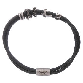 AMEN leather bracelet with bronze charms and a black zircon cross