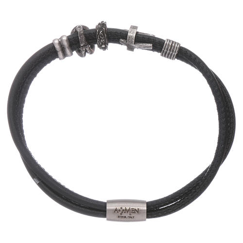 AMEN leather bracelet with bronze charms and a black zircon cross 2