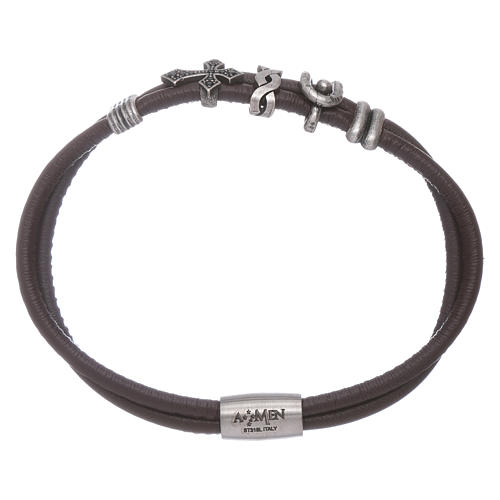 AMEN leather bracelet with a zirconate cross and various bronze charms 1