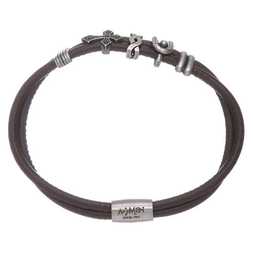 Pulsera AMEN cruz zirconada y cdetalles diferentes bronce de cuero 1