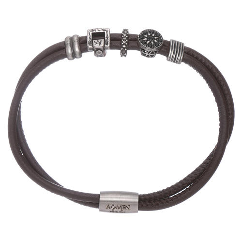 AMEN leather bracelet with bronze and zirconate charms 1