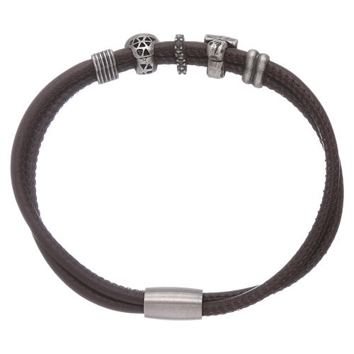 AMEN leather bracelet with bronze and zirconate charms 2