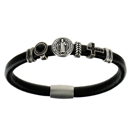 AMEN Saint Benedict leather bracelet with bronze charms 1