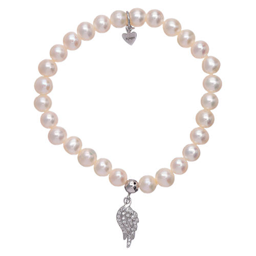 Pulsera AMEN con ala plata 925 zirconada blanca y perlas 1