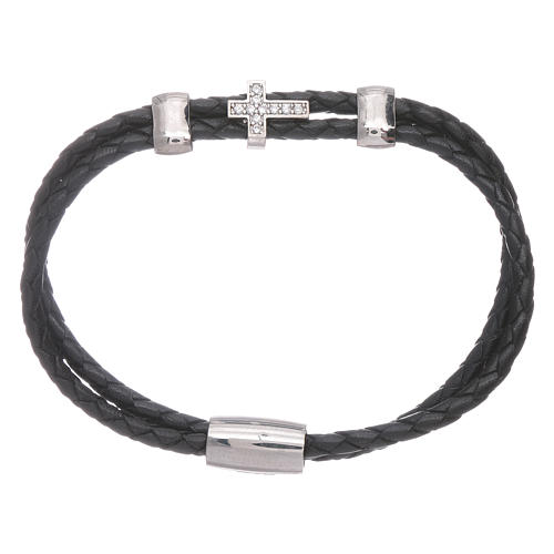 AMEN woven leather bracelet with zirconate cross and inserts 1