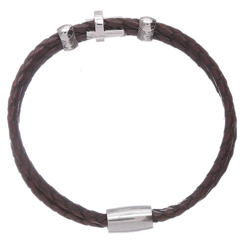 AMEN brown woven leather bracelet with inserts and zirconate cross 2
