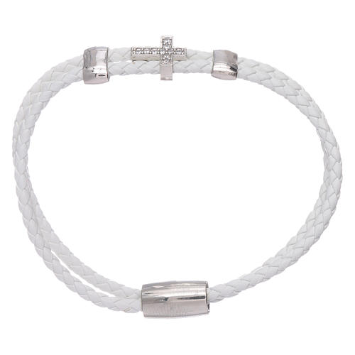 Bracelet AMEN blanc en cuir croix avec zircons argent 925 1
