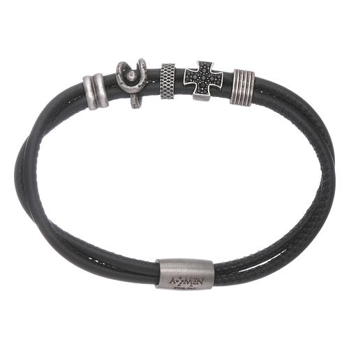 AMEN black leather bracelet with charms and a zirconate cross 1