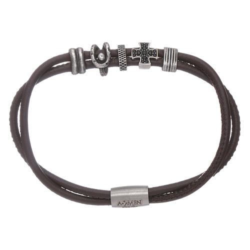 AMEN brown leather bracelet with charms and a zirconate cross 1