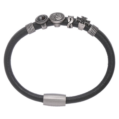 Bracelet cuir noir perles à glisser et zircons noirs AMEN 1