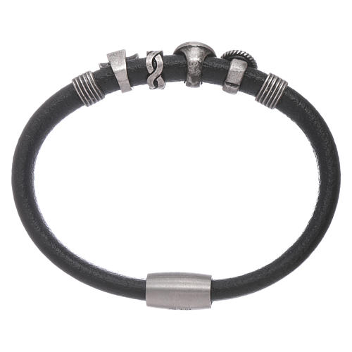 Bracelet cuir noir perles à glisser et zircons noirs AMEN 2