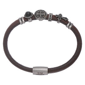 AMEN brown leather bracelet with black zircons