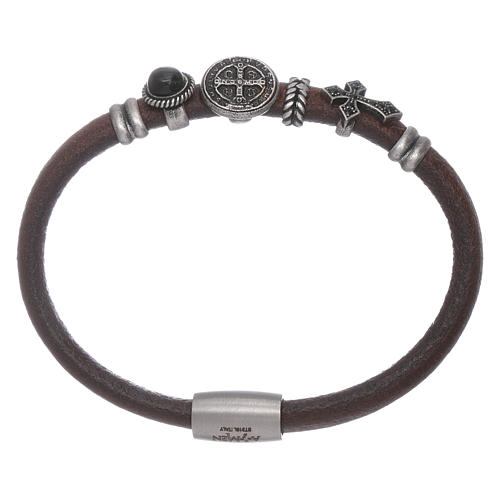 AMEN brown leather bracelet with black zircons 1