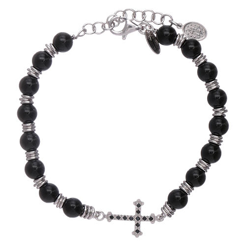 Armband AMEN Silber 925 Onyx Perlen und Kreuz schwarze Zirkonen 1