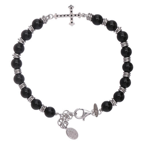 Armband AMEN Silber 925 Onyx Perlen und Kreuz schwarze Zirkonen 2