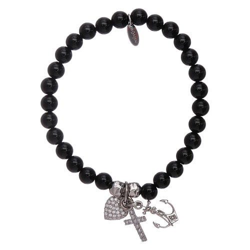 Armband AMEN schwarze Achat Perlen 5mm theologischen Tugenden Symbol Silber 1