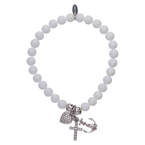 AMEN 925 sterling silver bracelet with 5 mm white agate beads, Faith, Hope and Charity 1