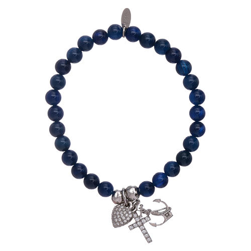Bracelet agate AMEN bleu 5 mm Foi, Espoir et Charité argent 925 1