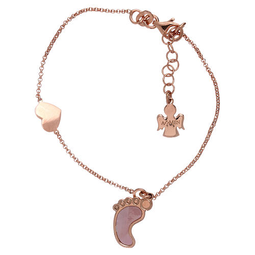 Bracciale argento 925 rosé con pendente forma piede e cuore AMEN 1