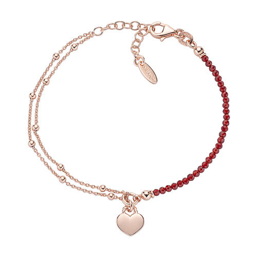 AMEN bracelet with rosé heart-shaped charm and red rubies, 925 silver 1