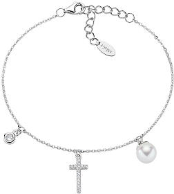 AMEN bracelet with zircon charm, zircon cross and pearl, 925 silver