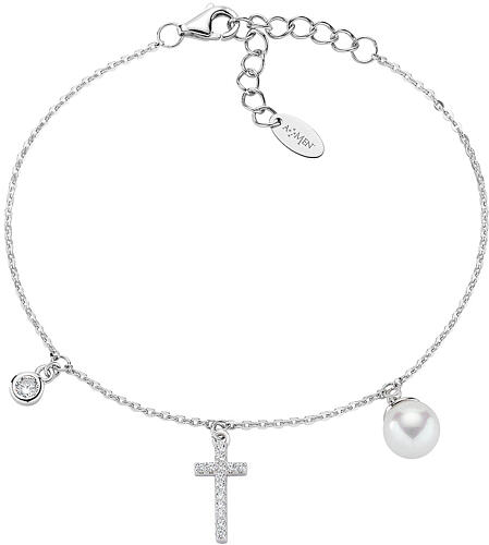 AMEN bracelet with zircon charm, zircon cross and pearl, 925 silver 1