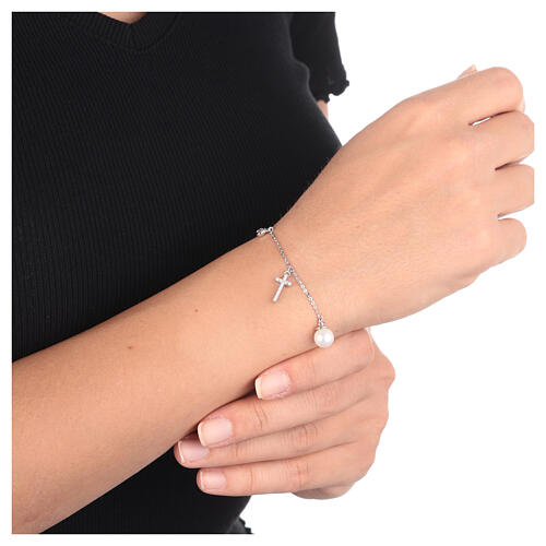 AMEN bracelet with zircon charm, zircon cross and pearl, 925 silver 2