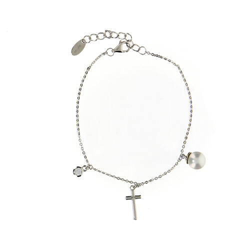 AMEN bracelet with zircon charm, zircon cross and pearl, 925 silver 3