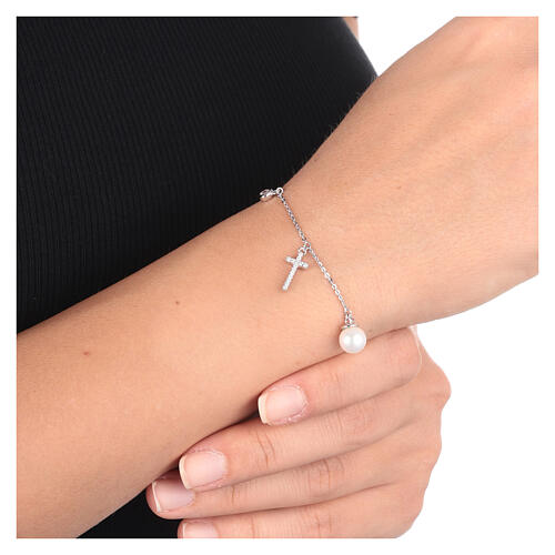 AMEN bracelet with zircon charm, zircon cross and pearl, 925 silver 4