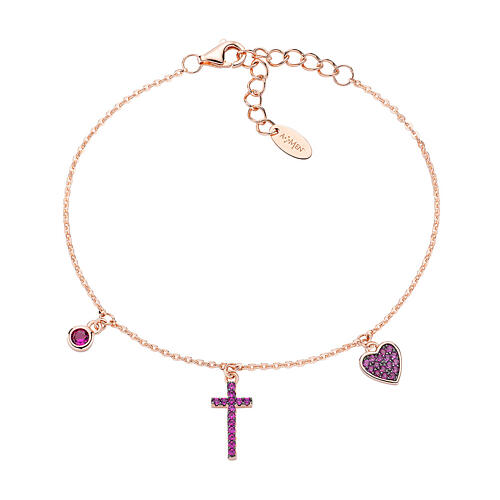 AMEN bracelet with zircon charm, cross and heart with purple zircons, rosé 925 silver 1