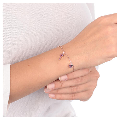 AMEN bracelet with zircon charm, cross and heart with purple zircons, rosé 925 silver 2