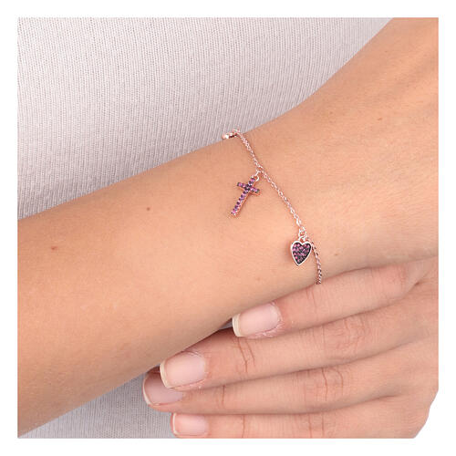 AMEN bracelet with zircon charm, cross and heart with purple zircons, rosé 925 silver 4